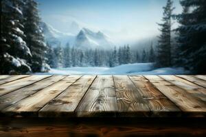 AI generated Empty Winter wood plank board Table With Snowfall AI Generated photo