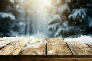 AI generated Empty Winter wood plank board Table With Snowfall AI Generated photo