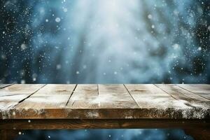 AI generated Empty Winter wood plank board Table With Snowfall AI Generated photo