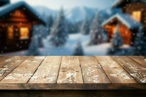 AI generated Empty Winter wood plank board Table With Snowfall AI Generated photo
