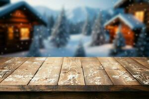 AI generated Empty Winter wood plank board Table With Snowfall AI Generated photo