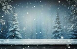 AI generated Empty Winter wood plank board Table With Snowfall AI Generated photo