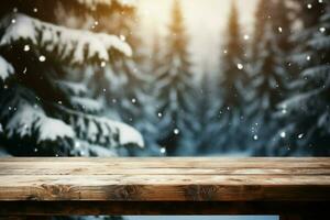 AI generated Empty Winter wood plank board Table With Snowfall AI Generated photo