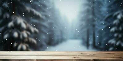 AI generated Empty Winter wood plank board Table With Snowfall AI Generated photo