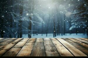 AI generated Empty Winter wood plank board Table With Snowfall AI Generated photo