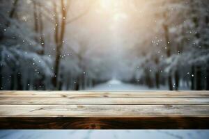 AI generated Empty Winter wood plank board Table With Snowfall AI Generated photo