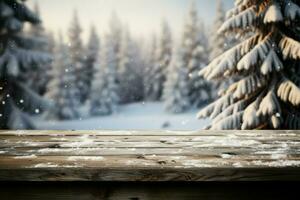 ai generado vacío invierno madera tablón tablero mesa con nevada ai generado foto