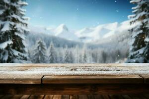 AI generated Empty Winter wood plank board Table With Snowfall AI Generated photo