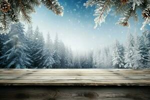 AI generated Empty Winter wood plank board Table With Snowfall AI Generated photo