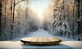 AI generated Empty Winter wood plank board Table With Snowfall AI Generated photo