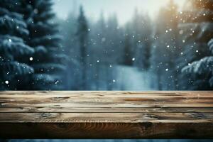 AI generated Empty Winter wood plank board Table With Snowfall AI Generated photo
