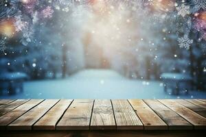 AI generated Empty Winter wood plank board Table With Snowfall AI Generated photo