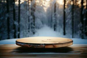 AI generated Empty Winter wood plank board Table With Snowfall AI Generated photo