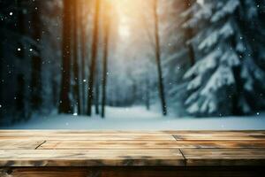 AI generated Empty Winter wood plank board Table With Snowfall AI Generated photo