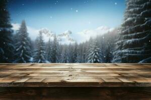 AI generated Empty Winter wood plank board Table With Snowfall AI Generated photo
