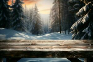 AI generated Empty Winter wood plank board Table With Snowfall AI Generated photo