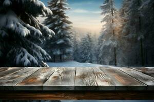 AI generated Empty Winter wood plank board Table With Snowfall AI Generated photo