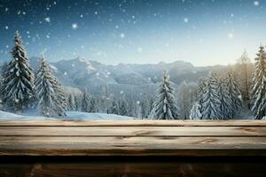 AI generated Empty Winter wood plank board Table With Snowfall AI Generated photo