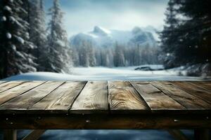 AI generated Empty Winter wood plank board Table With Snowfall AI Generated photo