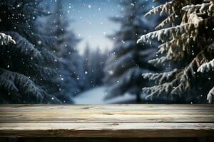 AI generated Empty Winter wood plank board Table With Snowfall AI Generated photo