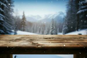 AI generated Empty Winter wood plank board Table With Snowfall AI Generated photo