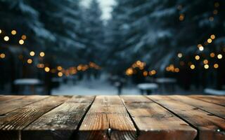 AI generated Empty Winter wood plank board Table With Snowfall AI Generated photo