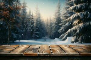 AI generated Empty Winter wood plank board Table With Snowfall AI Generated photo