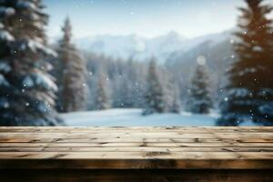 AI generated Empty Winter wood plank board Table With Snowfall AI Generated photo