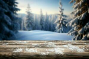 AI generated Empty Winter wood plank board Table With Snowfall AI Generated photo