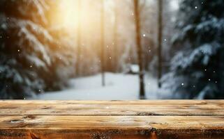 AI generated Empty Winter wood plank board Table With Snowfall AI Generated photo