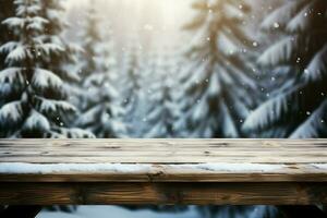 AI generated Empty Winter wood plank board Table With Snowfall AI Generated photo