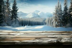 AI generated Empty Winter wood plank board Table With Snowfall AI Generated photo