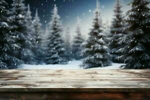 AI generated Empty Winter wood plank board Table With Snowfall AI Generated photo
