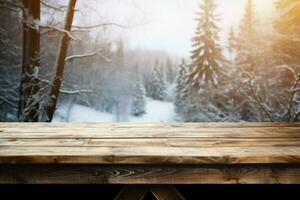 AI generated Empty Winter wood plank board Table With Snowfall AI Generated photo