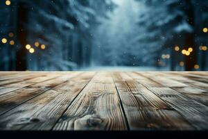 AI generated Empty Winter wood plank board Table With Snowfall AI Generated photo