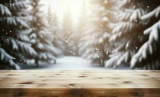 AI generated Empty Winter wood plank board Table With Snowfall AI Generated photo