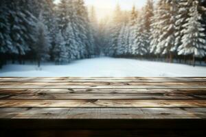 AI generated Empty Winter wood plank board Table With Snowfall AI Generated photo