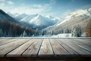 AI generated Empty Winter wood plank board Table With Snowfall AI Generated photo