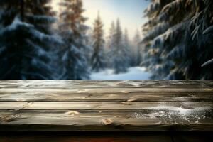 AI generated Empty Winter wood plank board Table With Snowfall AI Generated photo