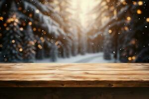 AI generated Empty Winter wood plank board Table With Snowfall AI Generated photo