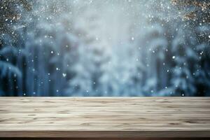 AI generated Empty Winter wood plank board Table With Snowfall AI Generated photo