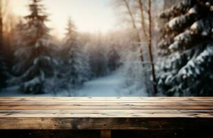 AI generated Empty Winter wood plank board Table With Snowfall AI Generated photo