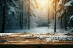 AI generated Empty Winter wood plank board Table With Snowfall AI Generated photo