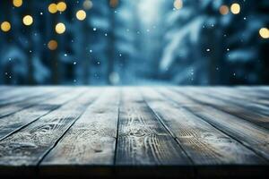AI generated Empty Winter wood plank board Table With Snowfall AI Generated photo