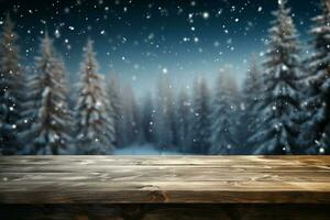 AI generated Empty Winter wood plank board Table With Snowfall AI Generated photo