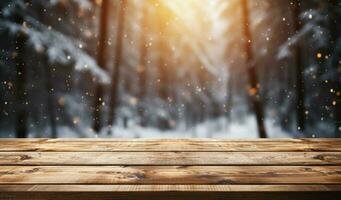 AI generated Empty Winter wood plank board Table With Snowfall AI Generated photo