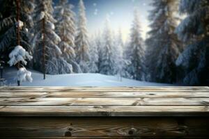 AI generated Empty Winter wood plank board Table With Snowfall AI Generated photo