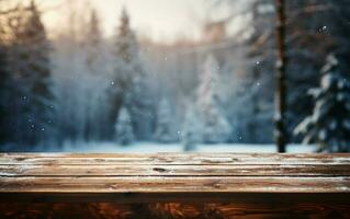 AI generated Empty Winter wood plank board Table With Snowfall AI Generated photo