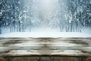 AI generated Empty Winter wood plank board Table With Snowfall AI Generated photo
