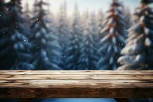 AI generated Empty Winter wood plank board Table With Snowfall AI Generated photo